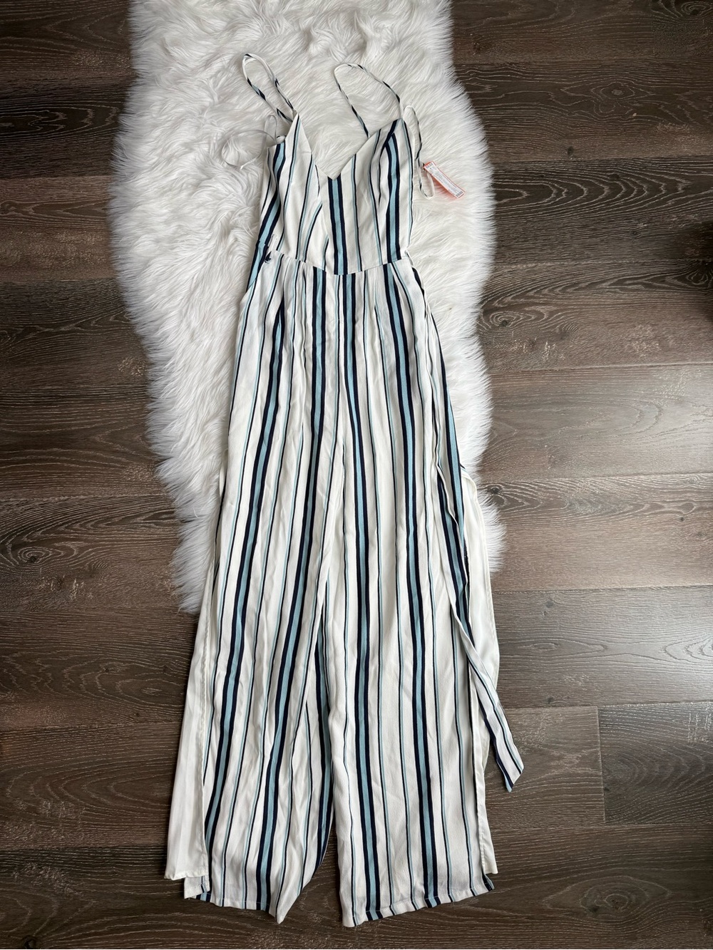Lovers + Friends Charisma Wide Leg Striped Jumpsuit White Navy Size M Revolve